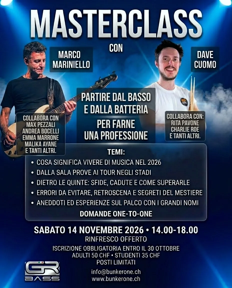 Flyer della masterclass di batteria con Marco Mariniello e Dave Cuomo